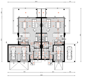 Projekt domu D449 - Zabudowa bliźniacza - rzut parteru, dom liczy 8 pokoje, 5 łazienki i wc