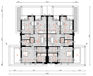 Projekt domu D449 - Zabudowa bliźniacza - rzut 1 piętra, dom liczy 8 pokoje, 5 łazienki i wc