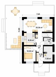 Projekt domu Aksamitka 4 - rzut parteru, dom liczy 4 pokoje, 2 łazienki i wc