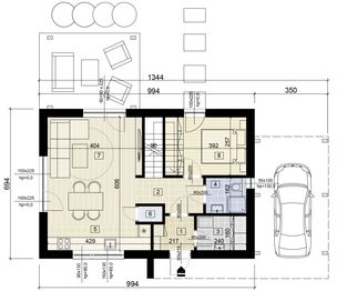 Projekt domu D2-85 - rzut parteru, dom liczy 4 pokoje, 2 łazienki i wc