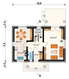 Projekt domu Kos (372) - rzut parteru, dom liczy 3 pokoje, 2 łazienki i wc