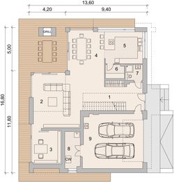 Projekt domu LK&1326 - rzut parteru, dom liczy 5 pokoje, 3 łazienki i wc