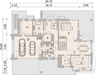 Projekt domu LK&1142 - rzut parteru, dom liczy 4 pokoje, 4 łazienki i wc
