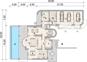 Projekt domu LK&1088 - rzut parteru, dom liczy 6 pokoje, 3 łazienki i wc