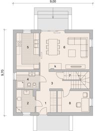 Projekt domu LK&1053 - rzut parteru, dom liczy 4 pokoje, 2 łazienki i wc