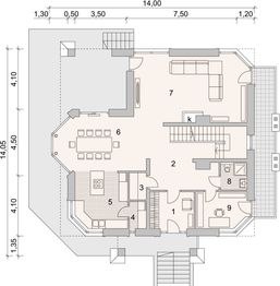 Projekt domu LK&1042 - rzut parteru, dom liczy 4 pokoje, 2 łazienki i wc
