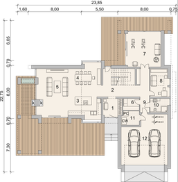 Projekt domu LK&1623 - rzut parteru, dom liczy 4 pokoje, 3 łazienki i wc