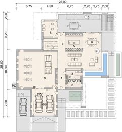 Projekt domu LK&1543 - rzut parteru, dom liczy 3 pokoje, 2 łazienki i wc