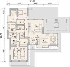 Projekt domu LK&1539 - rzut parteru, dom liczy 5 pokoje, 3 łazienki i wc