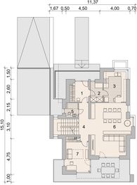 Projekt domu LK&1521 - rzut parteru, dom liczy 5 pokoje, 3 łazienki i wc
