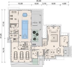 Projekt domu LK&1403 - rzut parteru, dom liczy 6 pokoje, 7 łazienki i wc