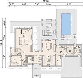 Projekt domu LK&1387 - rzut parteru, dom liczy 5 pokoje, 4 łazienki i wc