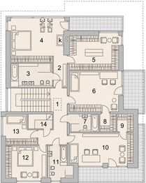 Projekt domu LK&1343 - rzut 1 piętra, dom liczy 5 pokoje, 4 łazienki i wc