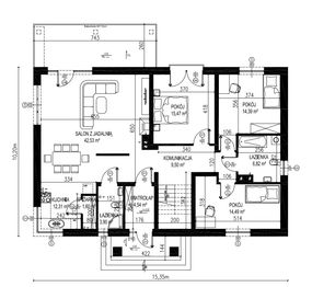 Projekt domu Planujdom 010 ver2 - rzut parteru, dom liczy 3 pokoje, 2 łazienki i wc