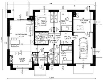 Projekt domu Planujdom 133 - rzut parteru, dom liczy 3 pokoje, 2 łazienki i wc