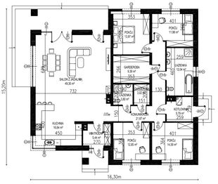 Projekt domu Planujdom 146 - rzut parteru, dom liczy 4 pokoje, 2 łazienki i wc