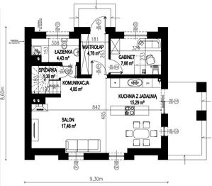 Projekt domu Planujdom 149 - rzut parteru, dom liczy 4 pokoje, 2 łazienki i wc