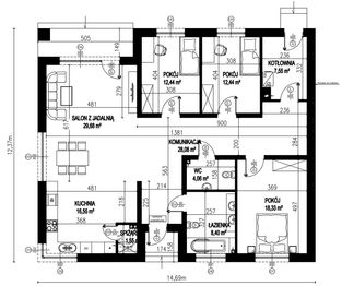Projekt domu Planujdom 155 - rzut parteru, dom liczy 3 pokoje, 2 łazienki i wc