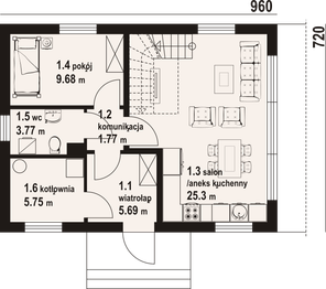 Projekt domu Lisowo aa 70dws - rzut parteru, dom liczy 4 pokoje, 2 łazienki i wc
