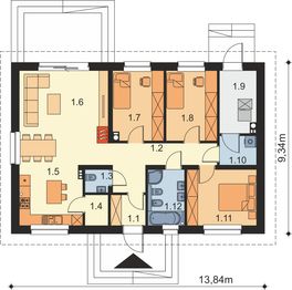 Projekt domu Tracja 2 modern - rzut parteru, dom liczy 3 pokoje, 2 łazienki i wc