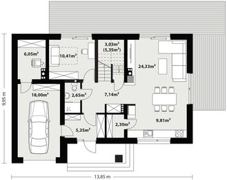 Projekt domu Fila 2 - rzut parteru, dom liczy 4 pokoje, 3 łazienki i wc