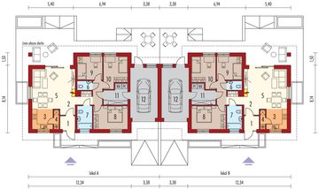 Projekt domu Mini 1 G2 plus (dwulokalowy) - rzut parteru, dom liczy 6 pokoje, 4 łazienki i wc
