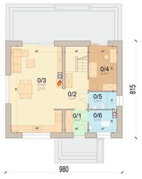 Projekt domu Dolce - rzut parteru, dom liczy 4 pokoje, 2 łazienki i wc