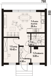 Projekt domu Gładowo aa 70 dws - rzut parteru, dom liczy 4 pokoje, 2 łazienki i wc