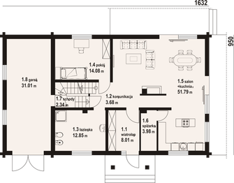 Projekt domu Chmielniki małe 49 dw - rzut parteru, dom liczy 4 pokoje, 2 łazienki i wc
