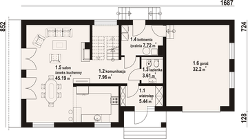 Projekt domu Osiek 41m - rzut parteru, dom liczy 3 pokoje, 3 łazienki i wc