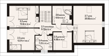 Projekt domu Osiek 41m - rzut poddasza, dom liczy 3 pokoje, 3 łazienki i wc