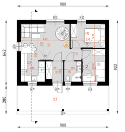 Projekt domu D439A - wersja drewniana - rzut parteru, dom liczy 5 pokoje, 2 łazienki i wc