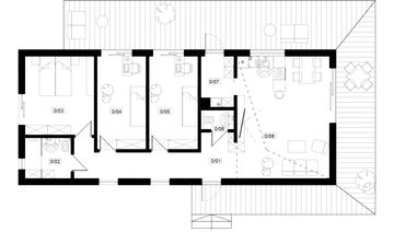 Projekt domu Kameralny XL - rzut parteru, dom liczy 3 pokoje, 2 łazienki i wc