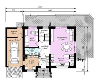 Projekt domu BW-36 wariant 18 z tarasem nad garażem - rzut parteru, dom liczy 4 pokoje, 2 łazienki i wc