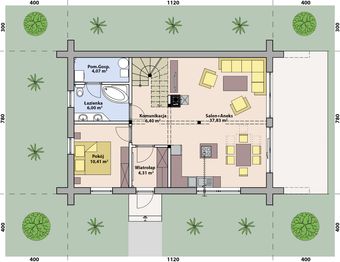Projekt domu L-308 X z balkonem - rzut parteru, dom liczy 5 pokoje, 2 łazienki i wc