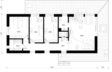 Projekt domu Chata XL - murowany - rzut parteru, dom liczy 3 pokoje, 2 łazienki i wc