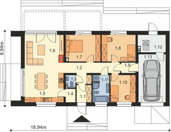 Projekt domu Granero - rzut parteru, dom liczy 3 pokoje, 2 łazienki i wc