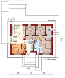Projekt domu Mini 4 w. IV - rzut parteru, dom liczy 3 pokoje, 2 łazienki i wc