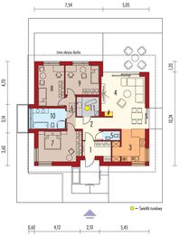 Projekt domu Flo IV - rzut parteru, dom liczy 3 pokoje, 2 łazienki i wc