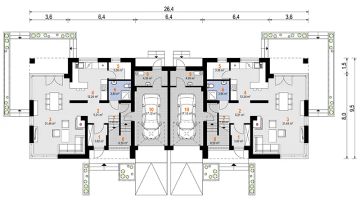 Projekt domu Bartek Duolit (wer.tech.2) (1923) - rzut parteru, dom liczy 6 pokoje, 4 łazienki i wc