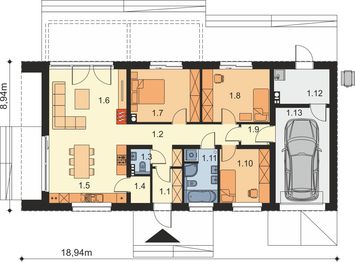 Projekt domu Granero OZE - rzut parteru, dom liczy 3 pokoje, 2 łazienki i wc