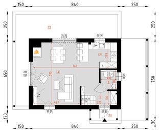 Projekt domu D458 - rzut parteru, dom liczy 2 pokoje, 2 łazienki i wc