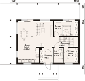 Projekt domu Komańcza dws - rzut parteru, dom liczy 6 pokoje, 2 łazienki i wc