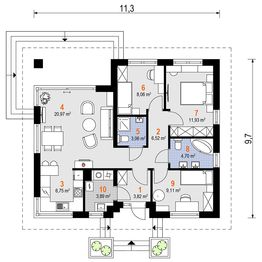 Projekt domu Kwadra Mini (1972) - rzut parteru, dom liczy 3 pokoje, 1 łazienki i wc