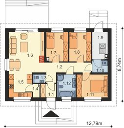 Projekt domu Tracja 9 B - rzut parteru, dom liczy 3 pokoje, 2 łazienki i wc