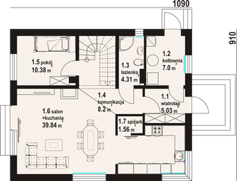 Projekt domu Gryfice 23 m - rzut parteru, dom liczy 4 pokoje, 2 łazienki i wc