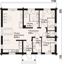 Projekt domu Piaseczno 4 dw - rzut parteru, dom liczy 3 pokoje, 2 łazienki i wc