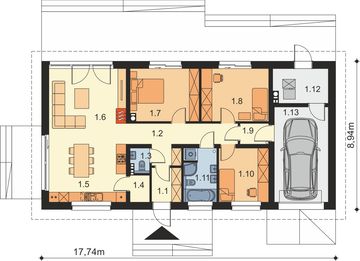 Projekt domu Granero B - rzut parteru, dom liczy 3 pokoje, 2 łazienki i wc