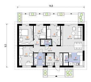 Projekt domu Cyklamen Nano (1973) - rzut parteru, dom liczy 4 pokoje, 2 łazienki i wc