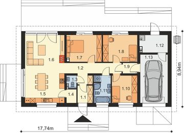 Projekt domu Granero B OZE - rzut parteru, dom liczy 3 pokoje, 2 łazienki i wc